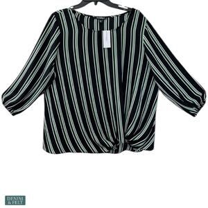 Roz & Ali Black Green Stripe Twist Front 3/4 Sleeve Blouse Plus Size 1X NEW~NWT
